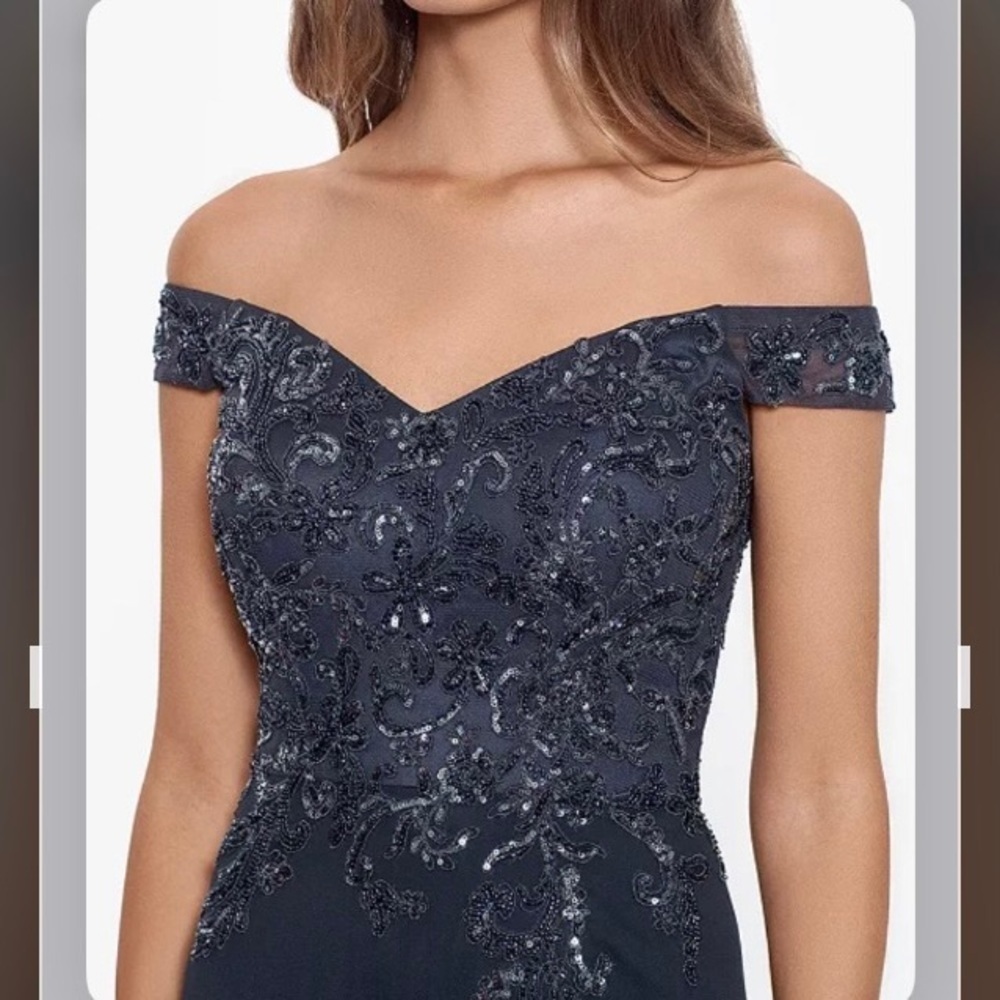 BETSY & ADAM Embellished Off-The-Shoulder Chiffon Gown in Charcoal - Picture 2 of 4